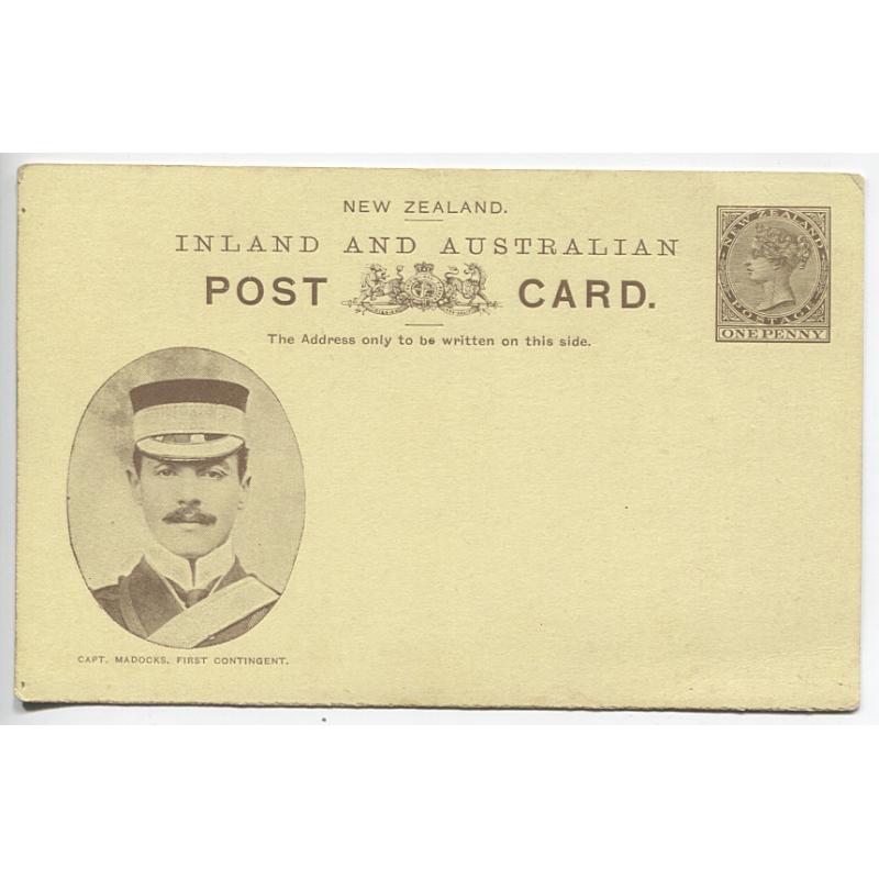 (KB1006) NEW ZEALAND · 1900: unused 1d brown on glossy yellow QV "Boer War" postal card with portrait of 1st Contingent member CAPT. MADOCKS H&G 11a · fine condition