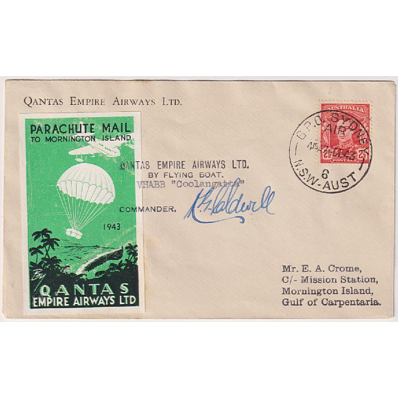 (KB1009) AUSTRALIA · 1943 (Dec 24th): QANTAS envelope with PARACUTE MAIL to MORNINGTON ISLAND flight vignette · pilot and missionary-in-charge signatures on front/reverse respectively · AAMC #970 · fine condition · c.v. AU$150 (2 images)