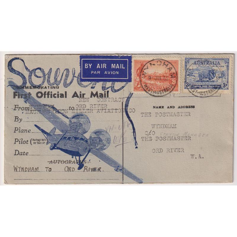 (KB1010) AUSTRALIA · 1935 (July 9th): generic souvenir air mail envelope flown on the re-opening of the Wyndham / Ord River route by MacRobertson Miller Aviation & Co. / Australian Aerial Medical Services AAMC #512 · fine condition