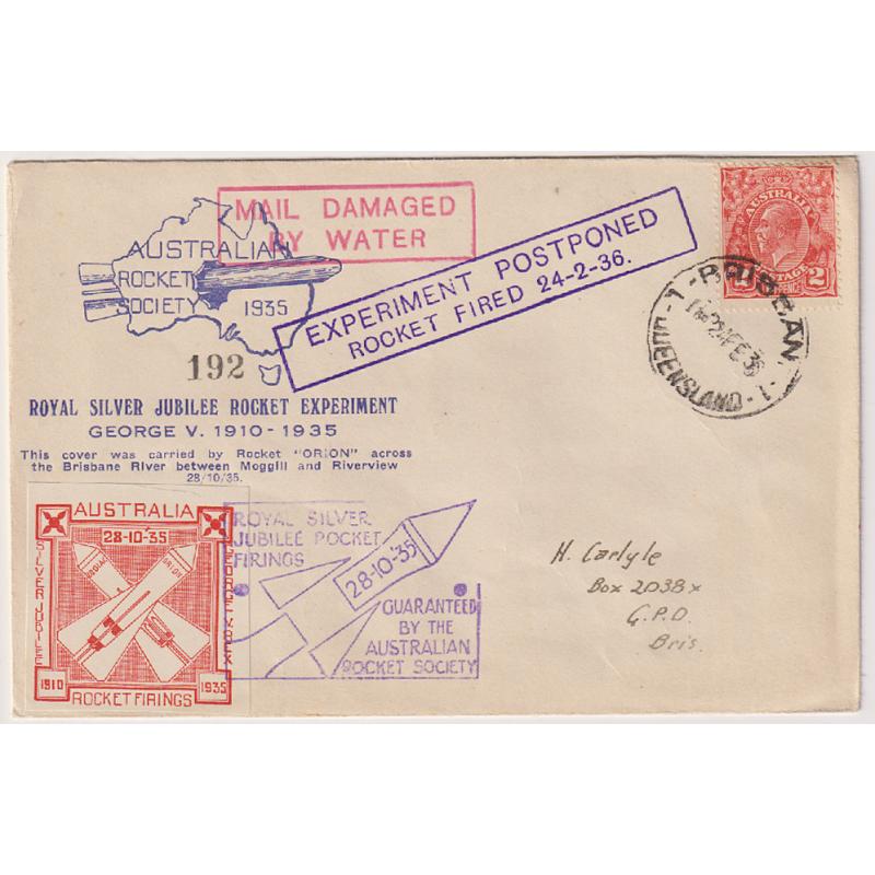 (KB1012) AUSTRALIA · 1936 (Feb 24th): KGV Jubilee commemorative cover flown by rocket from Riverview (QLD) to Moggill AAMC R5a · contains fight flimsy · numbered '192' · very nice condition