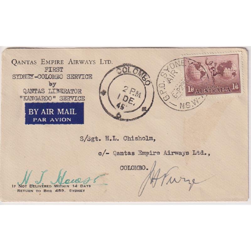 (KB1015) AUSTRALIA · 1945: QANTAS EMPIRE AIRWAYS LTD. envelope carried on 1st Sydney-Colombo flight on "Kangaroo Service" AAMC #1016 · signed by pilots with arrival cds · fine condition · c.v. AU$150