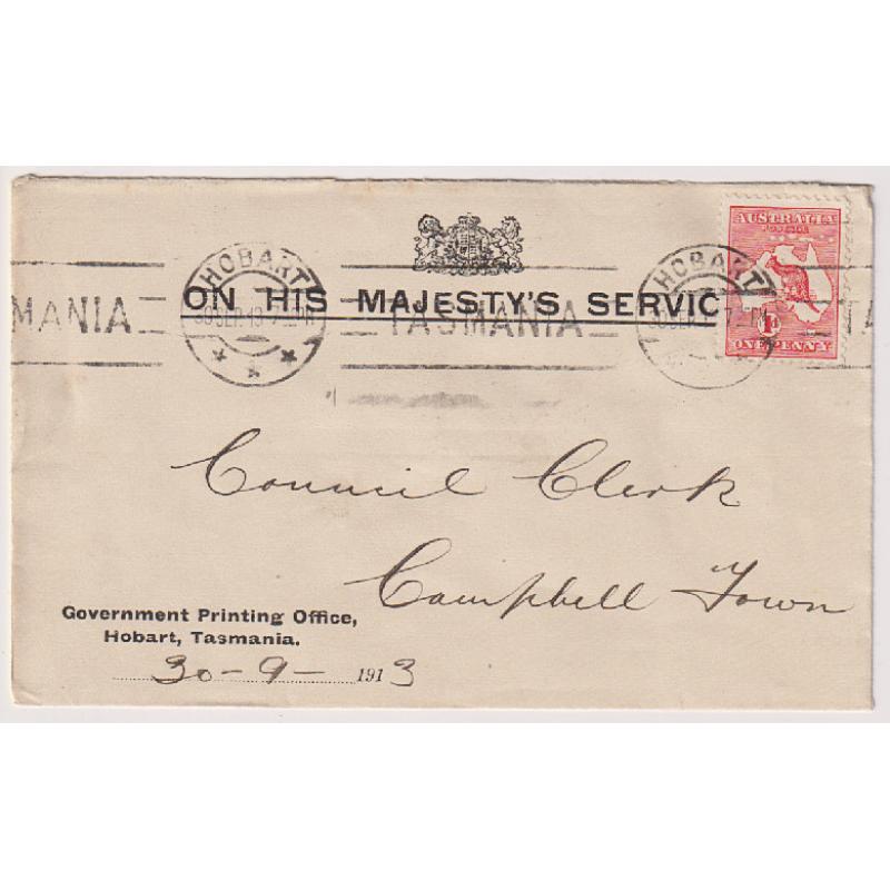 (KB1018) TASMANIA · 1913: small OHMS envelope (Government Printing Office) mailed to Campbell Town bearing single Die I 1d Roo franking perf T (7x5 holes) · fine condition
