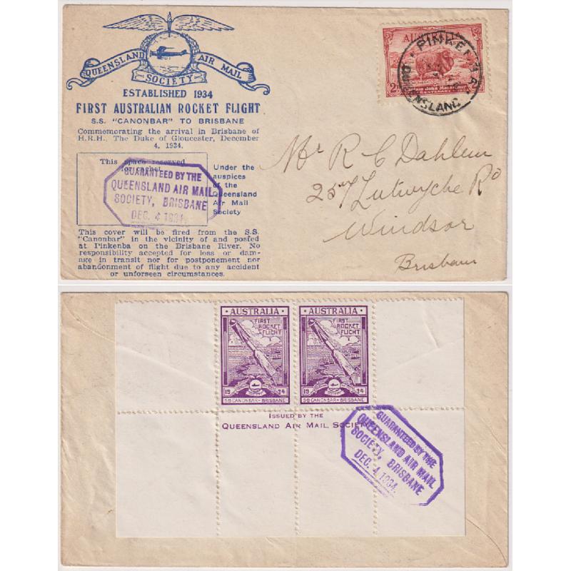 (KB1023) AUSTRALIA · 1934 (Dec 4th): souvenir cover flown on the First Australian Rocket Flight S.S. "Cannonbar" to Brisbane AAMC #R1 · 2 vignettes affixed to verso · Queensland Air Mail Society guarantee h/stamps · excellent condition