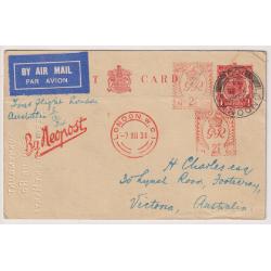 (KB1026) GREAT BRITAIN · 1934: 1d KGV postal card carried on first London / Australia air mail flight AAMC 469 · card uprated 5d with two impressions by a "Neopost" postage meter - unusual