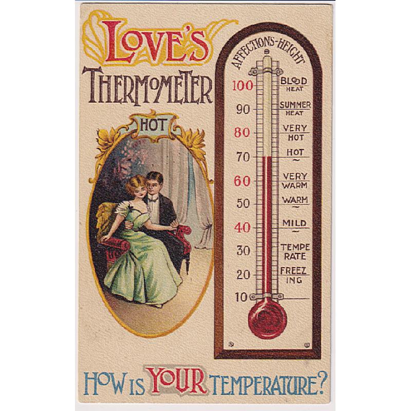 (KB1035) AUSTRALIA · 1914: B.B. London Series humorous card No.E.33 titled LOVE'S THERMOMETER · HOW IS YOUR TEMPERATURE? postally used at GERLADTON with clear cds postmark · excellent condition