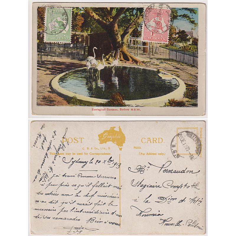 (KB1036) AUSTRALIA · 1913: colour postcard with ½d + 1d Roo combo franking making up the correct rate to NOUMEA · a scarce destination even for a postcard during this era · condition as per largest image