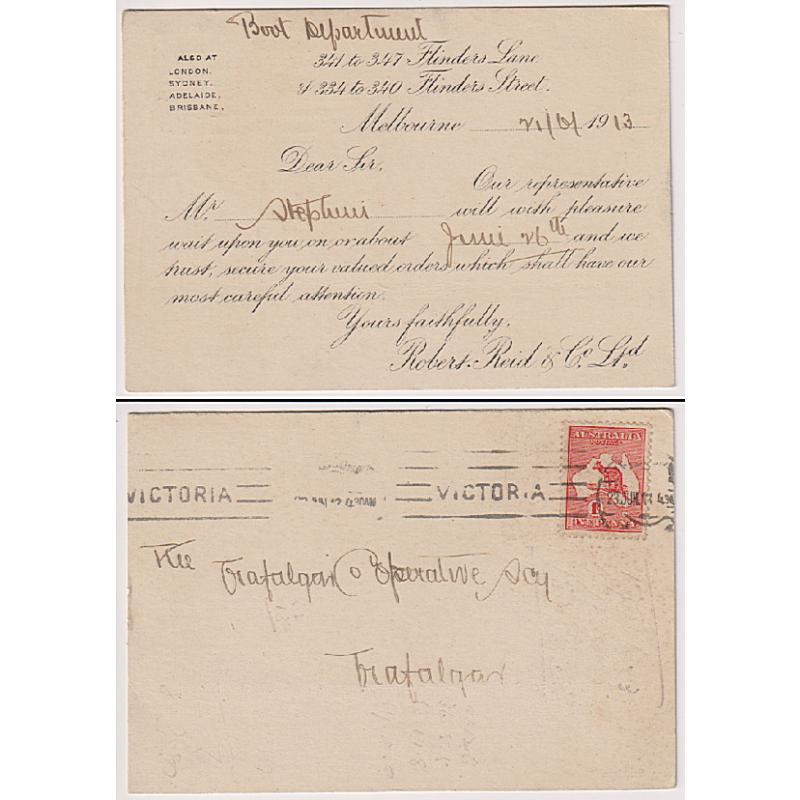 (KB1038) AUSTRALIA · 1913: used Robert Reid & Co. (VIC) advice card postally used with single 1d Roo franking · any imperfections are quite minor