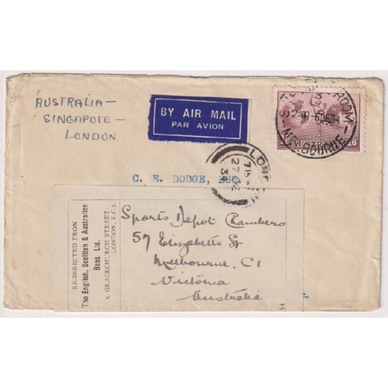 (KB1040) AUSTRALIA · 1934: small cover carried to G.B. via SINGAPORE on the first regular air mail flight AAMC #470 · re-addressed on arrival and returned to Melbourne · some light peripheral wear but it did travel 34,000km !!