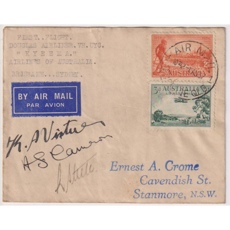 (KB1041) AUSTRALIA · 1937: small cover carried on the first flight Brisbane/Sydney by Airlines of Australia aircraft "Kyeema" · signed by pilots AAMC #747 · some light soiling but very displayable · c.v. AU$100