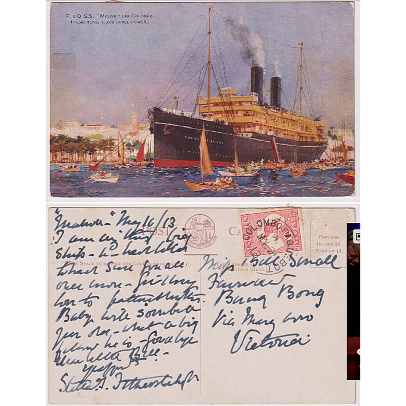 (KB1042) AUSTRALIA · 1913: colour PPC with view of P&O steamer "MALWA" (off Colombo) mailed nto Australia with 1d Roo franking tied by a clear impression of the COLOMBO PAQUEBOT cds postmark · excellent condition