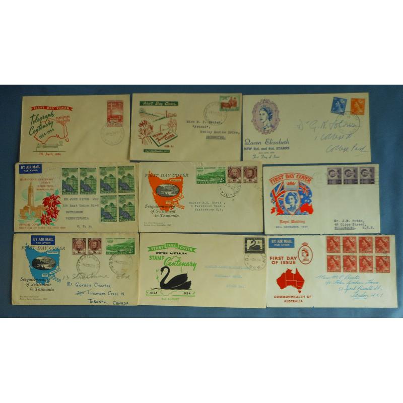 (KB1044L) AUSTRALIA · 1953/59: 21x QEII era FDCs · range of defin and commem issues by various cachet makers all in VG to F condition; also 1d Princess Elizabeth FDC · 22 items (3 images)