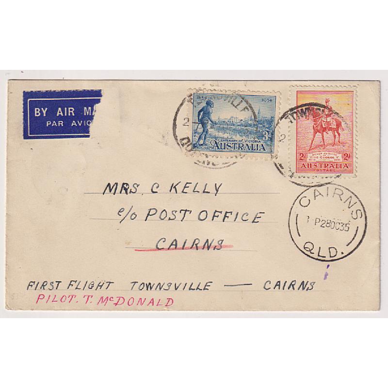 (KB1046) AUSTRALIA · 1935: cover to Cairns carried on first Townsville/Cooktown  flight by McDonald Air Services AAMC #550a · excellent to fine condition · c.v. "from AU$50"