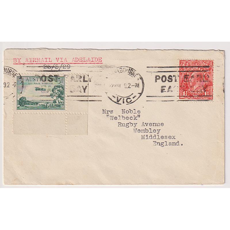 (KB1047) AUSTRALIA · 1929: neat cover to G.B. carried by air mail within Australia · fine condition