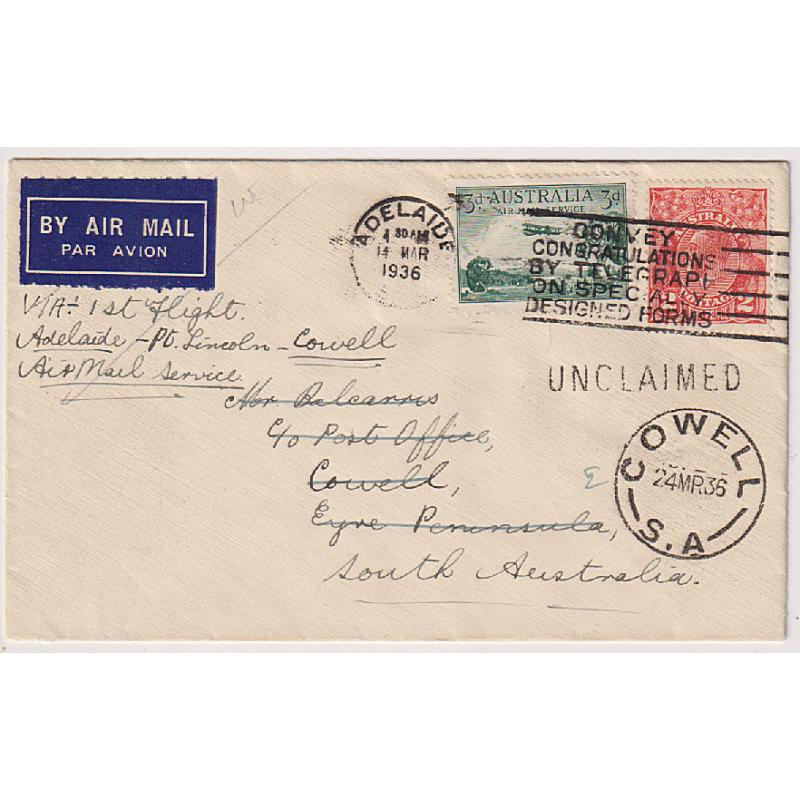(KB1048) AUSTRALIA · 1936: air mail cover carried Adelaide / Cowell via Port Lincoln in fine condition