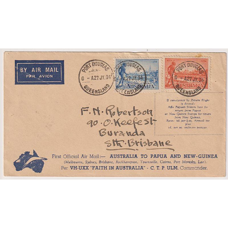 (KB1049) AUSTRALIA · 1934: cover mailed at Port Douglas and carried Cairns/Brisbane on the return flight by Ulm from New Guinea & Papua AAMC #395a · fine condition · c.v. "from AU$50"