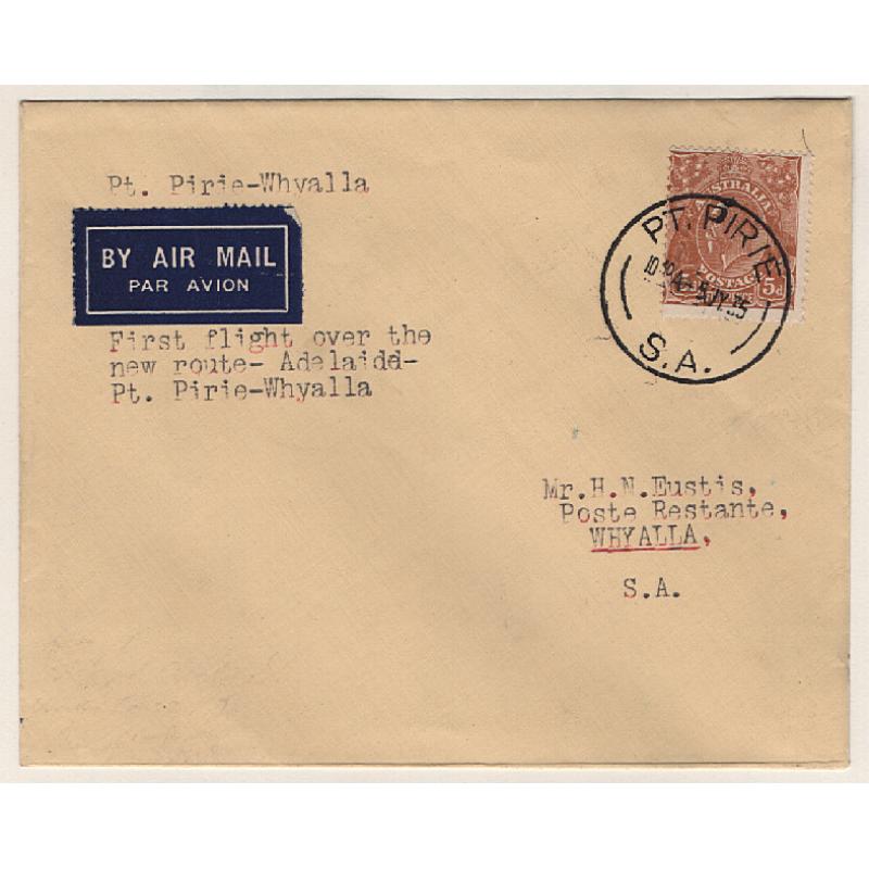 (KB15009) AUSTRALIA · 1935: souvenir cover carried Port Pirie / Whyalla on the new air mail service by ther Commercial Aviation Co. from Adelaide AAMC #511a · arrival b/stamp · VF condition · c.v. "from AU$50"