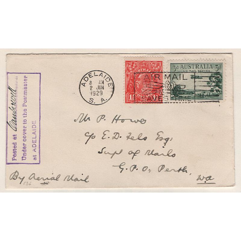 (KB15013) AUSTRALIA · 1929: neat cover carried on 1st Adelaide/Perth air mail flight  AAMC #136 · note private h/s Posted at (Camberwell) Under Cover to the Postmaster at ADELAIDE ·  VF condition