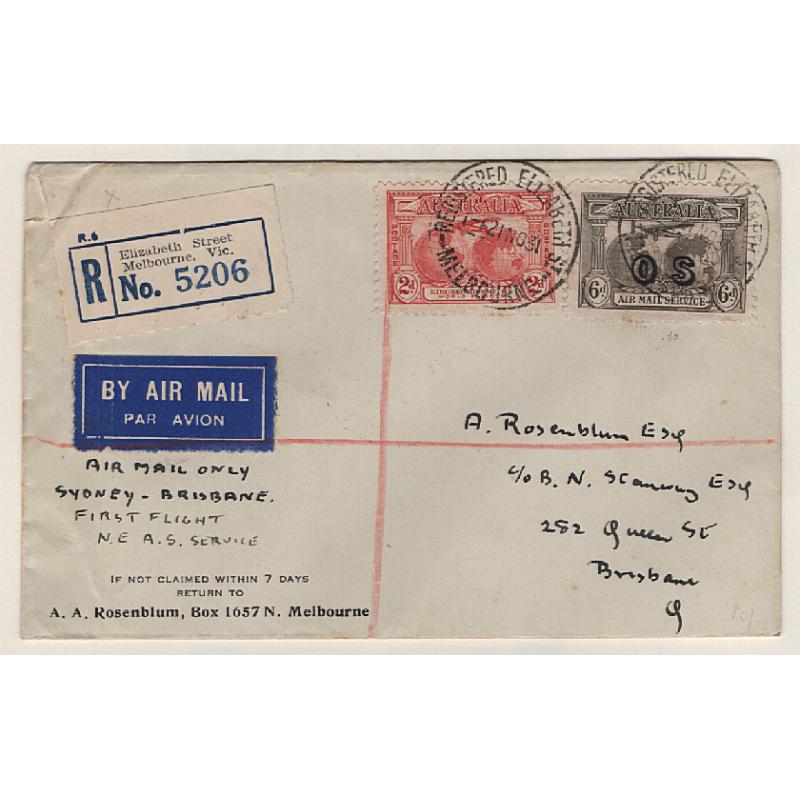 (KB15014) AUSTRALIA · 1931 (November 24th): registered cover prepared by A. Rosenblum carried Sydney/Brisbane on the first air mail flight by New England Airways Ltd. AAMC #224 · some minor wear on left side · c.v. AU$100