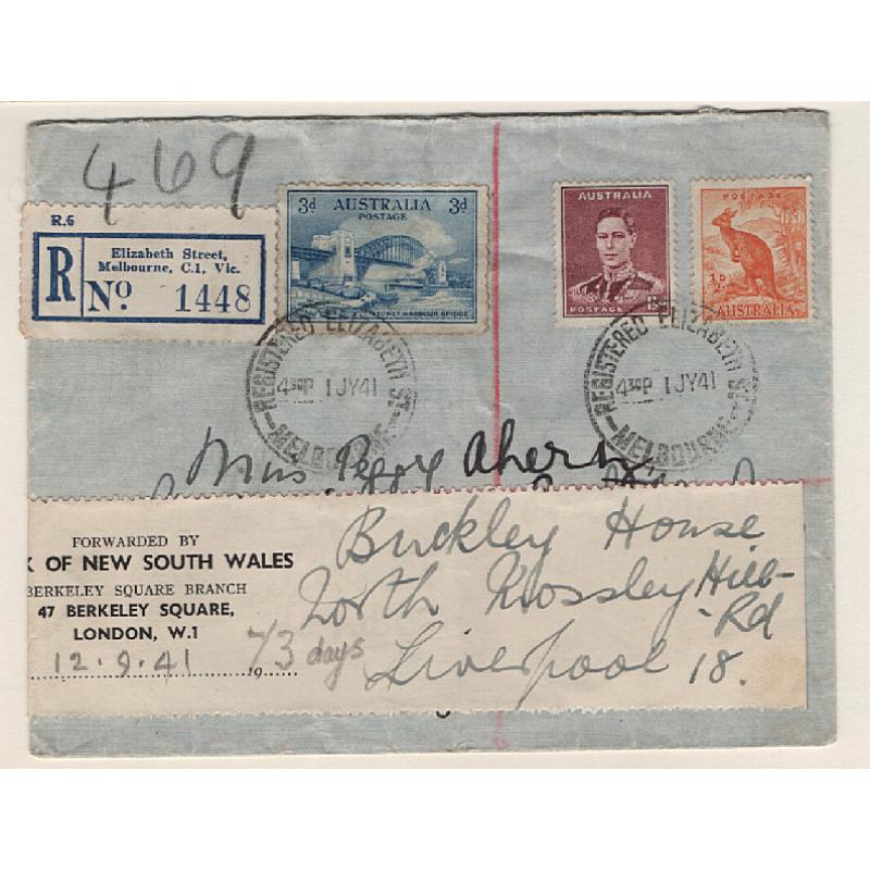 (KB15018) AUSTRALIA · 1941: registered cover mailed to G.B. at Melbourne · re-directed to Liverpool on arrival by Bank of N.S.W. · light central bend o/wise in excellent condition