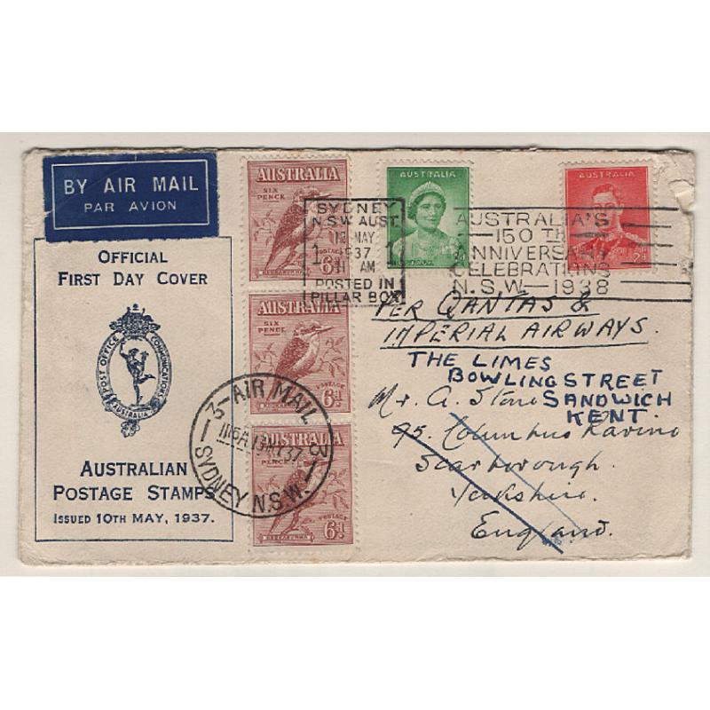 (KB15019) AUSTRALIA · 1937: FDC envelope re-purposed as an air mail cover to G.B. · re-directed on arrival · some minor periperal wear but very displayable .... see largest image