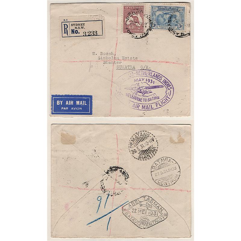 (KB15020) AUSTRALIA · 1931 (May 22nd): cacheted registered cover carried by KLM from Sydney to Batavia AAMC #204 · onforwarded to a Sumatran address · light bend detracts little from this excellent example · range of b/stamps
