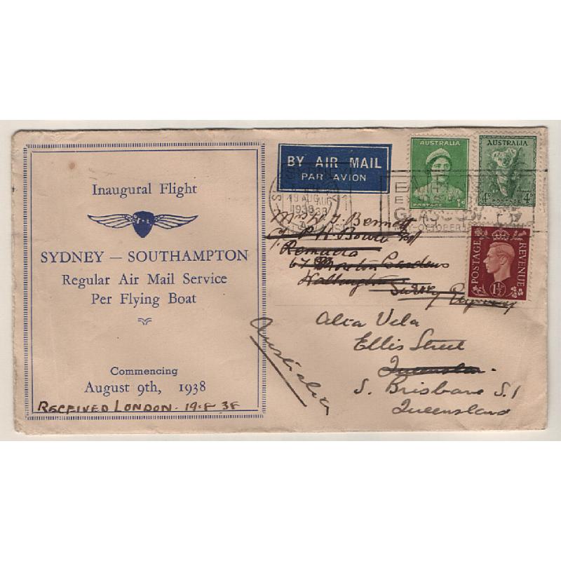 (KB15023) AUSTRALIA · GREAT BRITAIN · 1938 (Aug 9th): cacheted cover carried on 1st Thrice Weekly "All Up" flight to G.B. AAMC #826 · returned by unsurcharged air mail service · some signs of wear but quite displayable