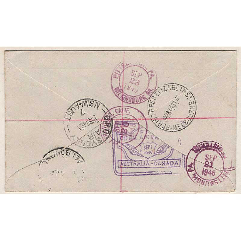 (KB15025) AUSTRALIA · 1946: registered souvenir cover to USA carried of first Australia - Canada air mail flight by British Commonwealth Pacific Airlines AAMC #1067a · array of b/stamp 'document' the journey · excellent condition