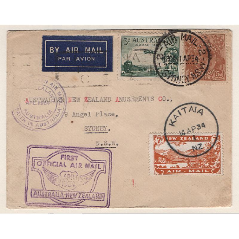 (KB15029) AUSTRALIA · NEW ZEALAND · 1934: cacheted "boomerang cover" carried on 1st OFFICIAL AIR MAIL flight to New Zealand and return AAMC #371 · excellent condition · c.v. AU$50