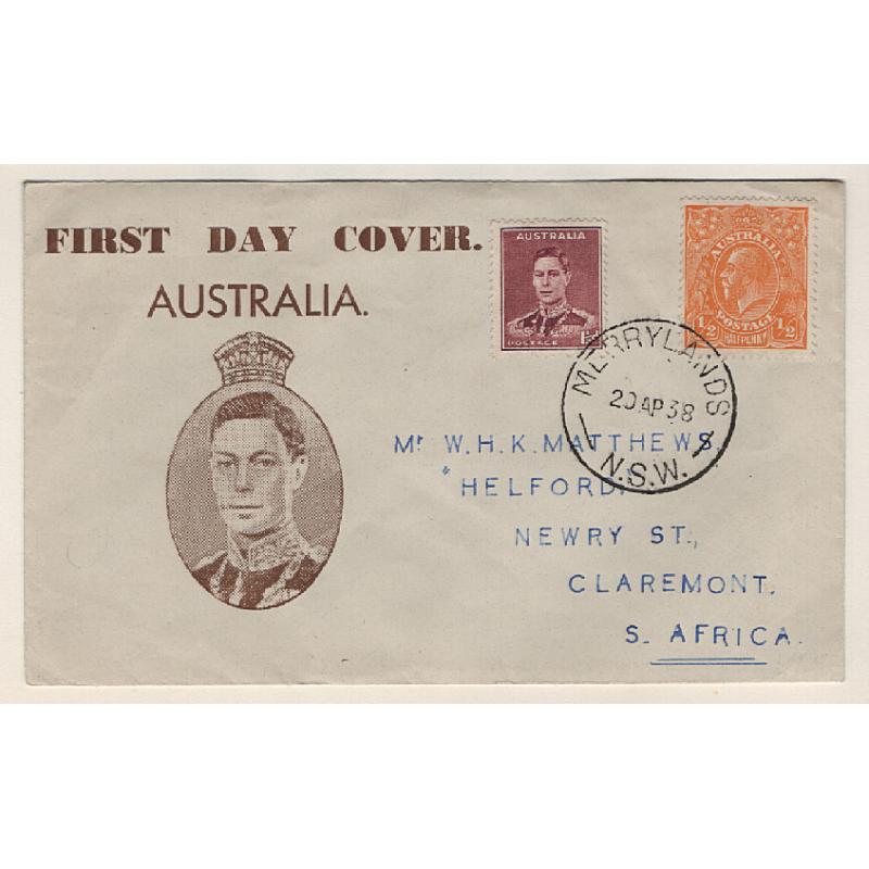 (KB15031) AUSTRALIA · 1938 (April 20th): Haslem Cover Service cacheted FDC with a single 1½d maroon KGVI defin SG 166 + ½d orange KGV making up rate to South Africa · fine appearance