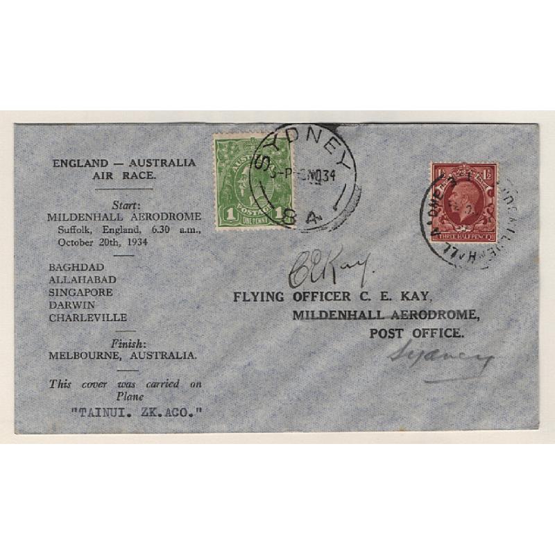 (KB15038) AUSTRALIA · GREAT BRITAIN 1934: souvenir cover carried on MacRobertson Air Race on DH89 Dragin Rapide aircraft "Tainui" AAMC #438 · signed by one of the pilots C.E. Kay · fine condition · c.v. AU$150