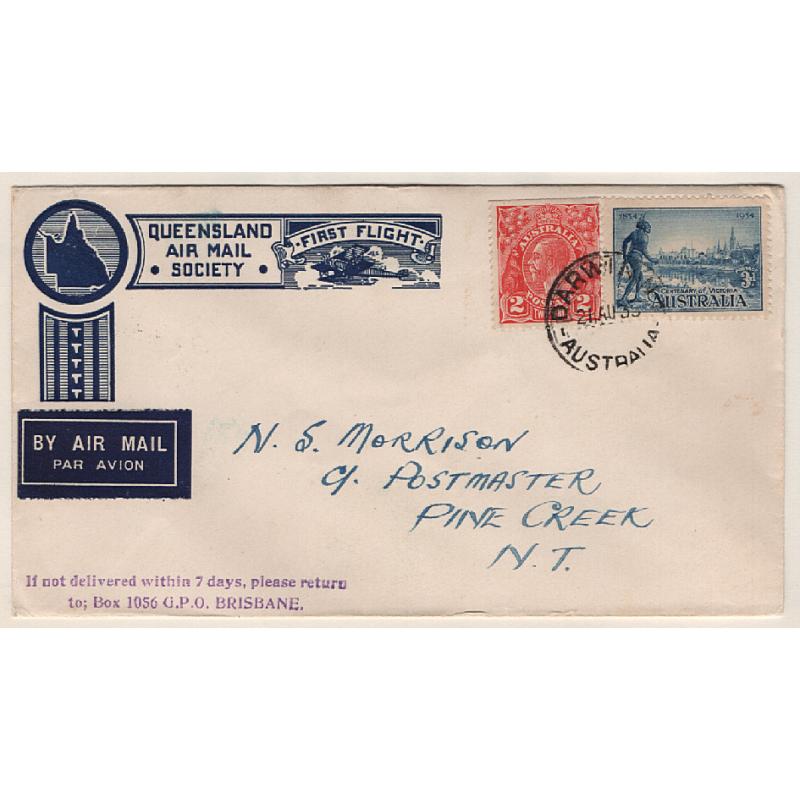 (KB15040) AUSTRALIA · 1935: QLD Air Mail Society envelope carried to Pine Creek on the first Darwin/Adelaide flight by Australian Transcontinental Airways AAMC #523a · arrival b/s · nice condition · c.v. AU$75+
