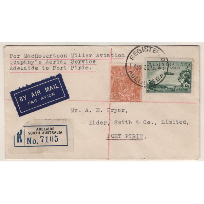 (KB15042) AUSTRALIA · 1934: neat registered cover carried to Port Pirie on first Adelaide / Cowell air mail service by MacRobertson Miller Aviation Co. AAMC #363a · fine condition · c.v. "from AU$100"