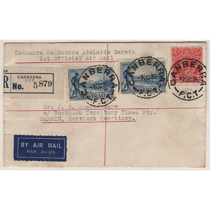 (KB15047) AUSTRALIA · 1935 (Oct 7th): registered cover carried Canberra/Sydney on Holymans Airways 1st flight but after that the proposal of air mail service to Melbourne/Adelaide/Darwin is not documented on the cover or in the catalog · fine condition