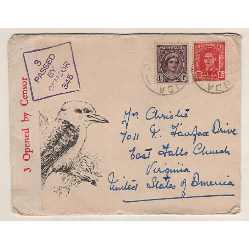 (KB15049) AUSTRALIA · 1945: illustrated envelope censored at Melbourne and forwarded to the USA by sea mail · light vertical crease o/wise in excellent condition