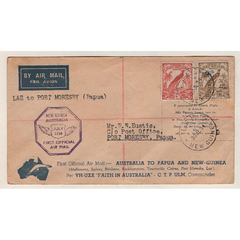 (KB15056) NEW GUINEA · 1934: cacheted souvenir cover carried LAE to PORT MORESBY on the 1st official flight from New Guinea to Australia · this intermediate flight was not assigned an AAMC# by Eustis · fine condition