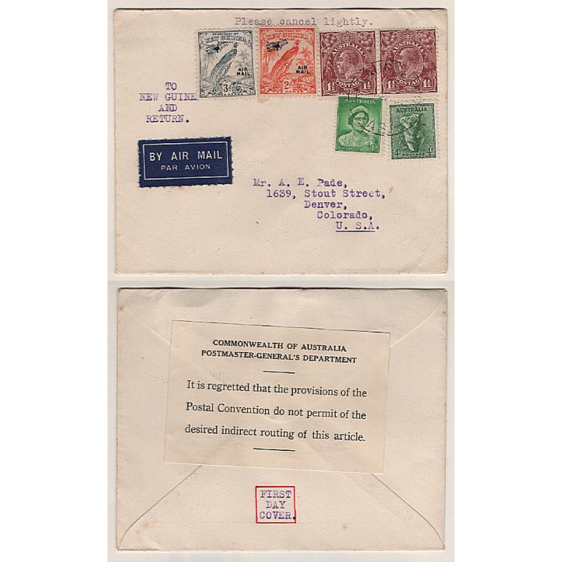 (KB15058) AUSTRALIA · 1938: cover intended to be carried to New Guinea and return and then onforwarded by sea mail to the USA · this routing of the item was not possible  · instructional PO label on verso