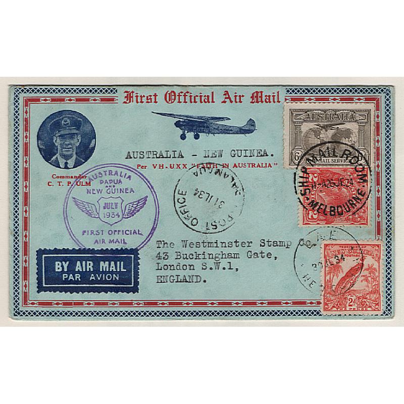 (KB15059) AUSTRALIA · 1934: attractive souvenir cover carried on first air mail flight to New Guinea AAMC #391 · onforwarded to G.B. by sea mail from Lae · fine condition