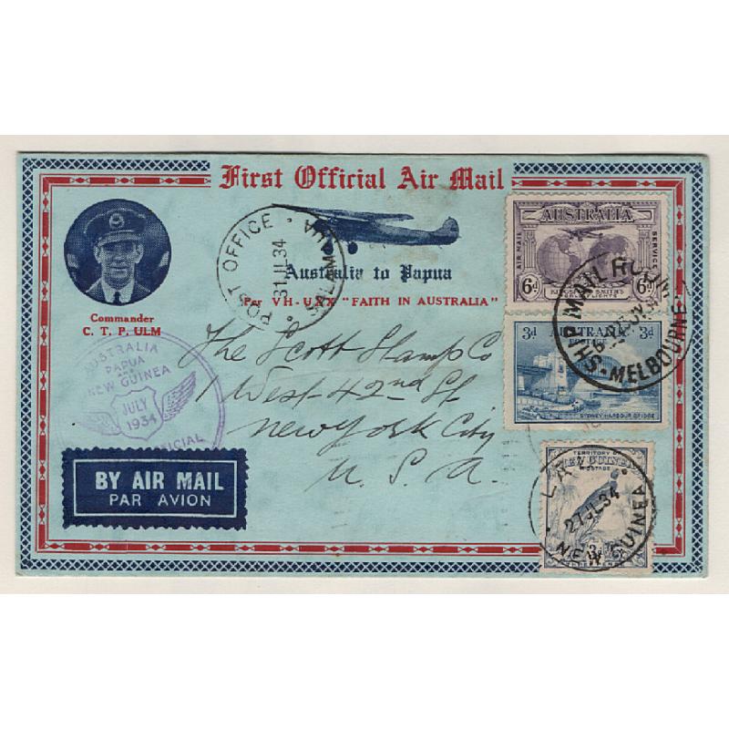 (KB15060) AUSTRALIA · NEW GUINEA  1934: attractive souvenir carried on 1st official air mail flight to New Guinea AAMC #391 · forwarded to the USA by sea mail on arrival at Lae · fine condition