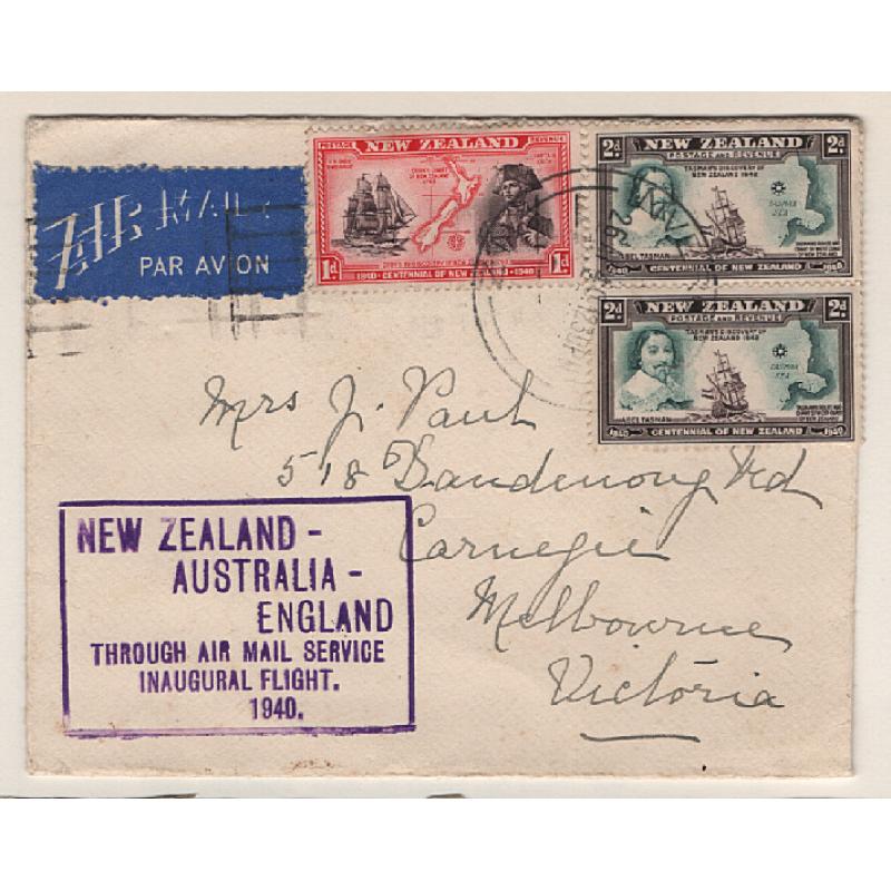 (KB15061) NEW ZEALAND · 1940: small cacheted cover carried on the first leg of the inaugural NZ / Australia / G.B. air mail flight AAMC #899 in excellent condition · c.v. AU$100