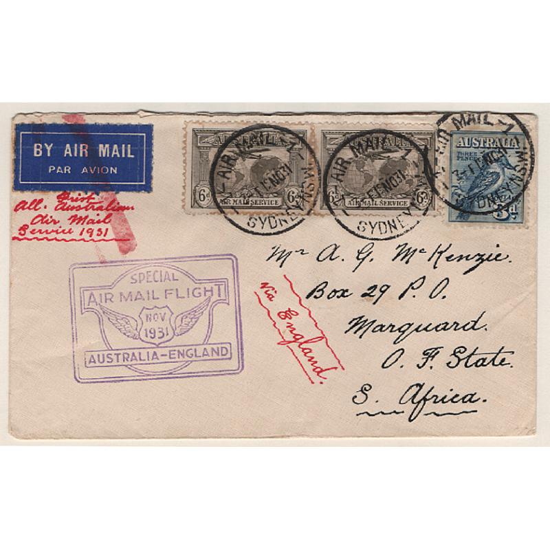 (KB15070) AUSTRALIA · 1931: cacheted cover carried on eventful Special Air Mail Flight to London where air mail label "cancelled" and the cover onforwarded to South African address · excellent condition