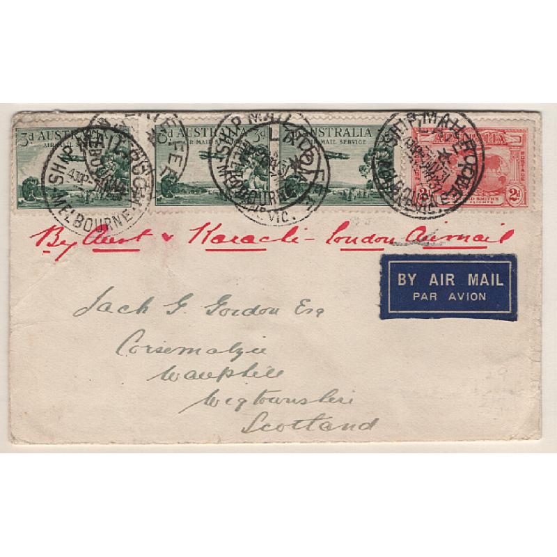 (KB15073) AUSTRALIA · 1931: small cover carried to Scotland via Karachi on return flight of Imperial Airways to G.B.  AAMC #203 · arrived at destination on June 5th · nice condition · c.v. AU$80