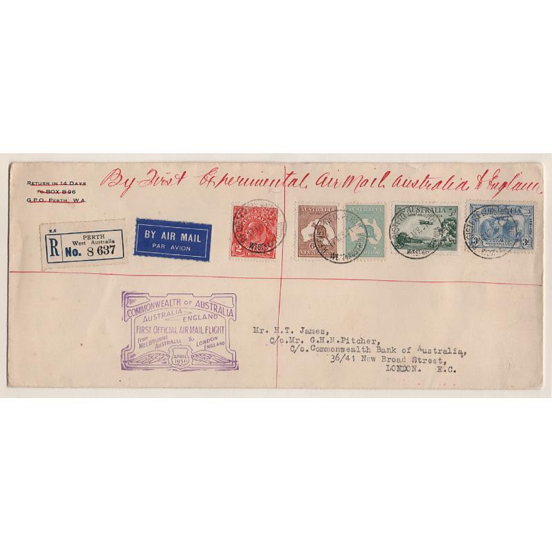 (KB15075L) AUSTRALIA · 1931: cacheted cover carried Australia/England on return of "1st Experimental Flight" AAMC #188 · excellent condition for a larger size envelope