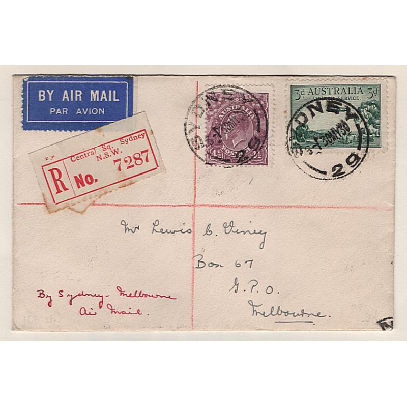 (KB15079) AUSTRALIA · 1930 (May 30th): attractive registered cover carried on first Sydney/Melbourne air mail flight by ANA on the "Southern Star" AAMC #162 · fine condition · c.v. AU$100
