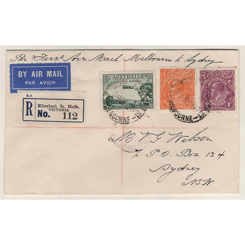 (KB15080) AUSTRALIA · 1930 (May 30th): attractive registered cover carried on first Melbourne/Sydney air mail flight by ANA on the "Southern Moonr" AAMC #161 · fine condition · c.v. AU$100
