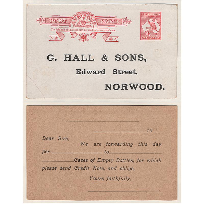 (KB15082) AUSTRALIA · 1913: unused original die 1d Roo postal card (white front/buff verso) BW P24(2) privately optd as an advice card by G. Hall & Sons (SA) · creased at LL o/wise in excellent condition · c.v. for "normal" AU$60