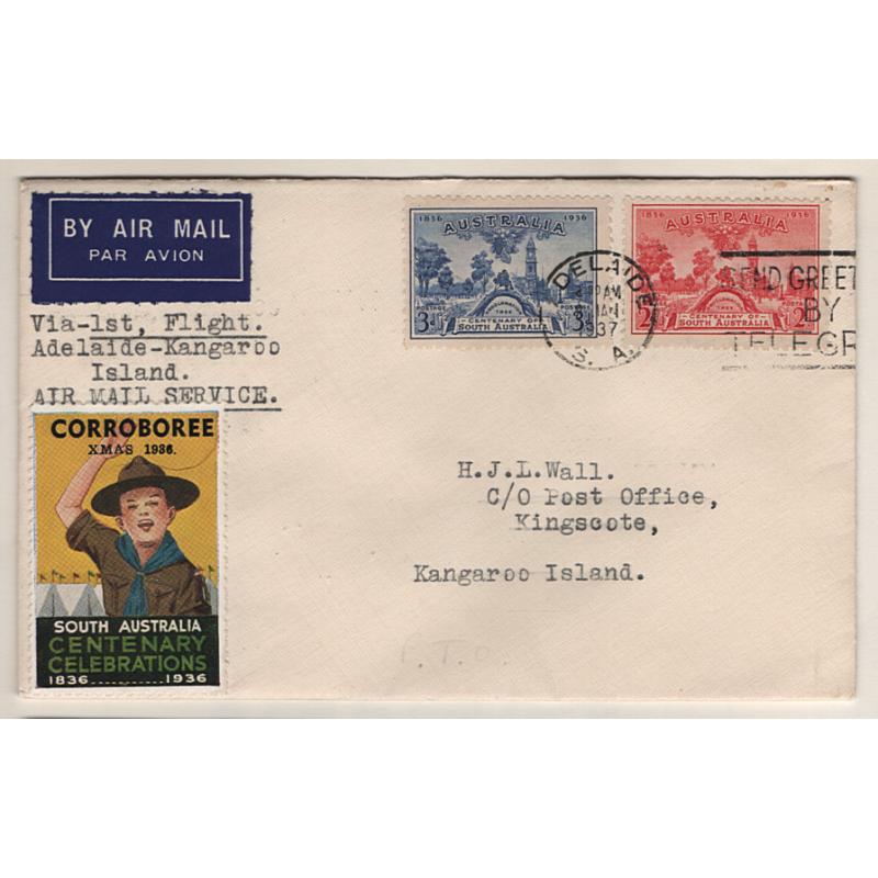 (KB15092) AUSTRALIA · 1937 (Jan 1st): neat cover with SA Centenary Corroboree poster stamp carried on 1st official air mail flight from Adelaide to Kangaroo Island AAMC 700a · fine condition · c.v. "from $100" · no arrival b/s