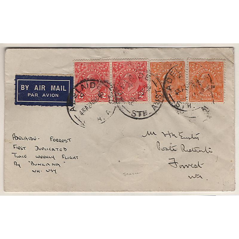 (KB15093) AUSTRALIA · 1936: small cover endorsed ADELAIDE - FORREST · FIRST DUPLICATED TWICE WEEKLY FLIGHT BY "BUNGANA" VH USY · arrival b/s · excellent condition