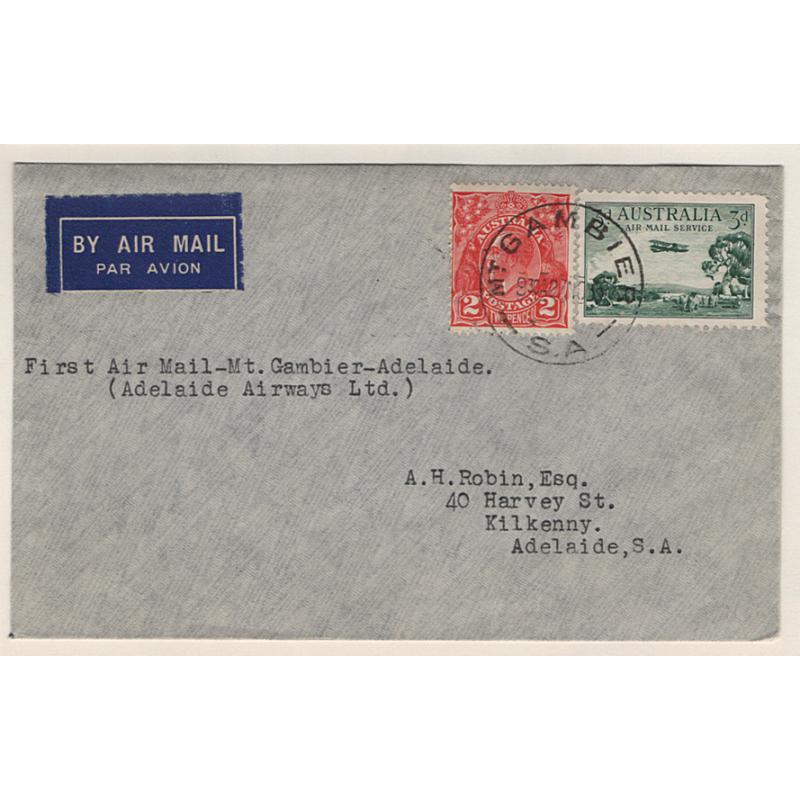 (KB15094) AUSTRALIA · 1935: neat cover carried MT GAMBIER / ADELAIDE on the first flight by Adelaide Airways to Adelaide AAMC #561a · VF condition · c.v. "from AU$40"