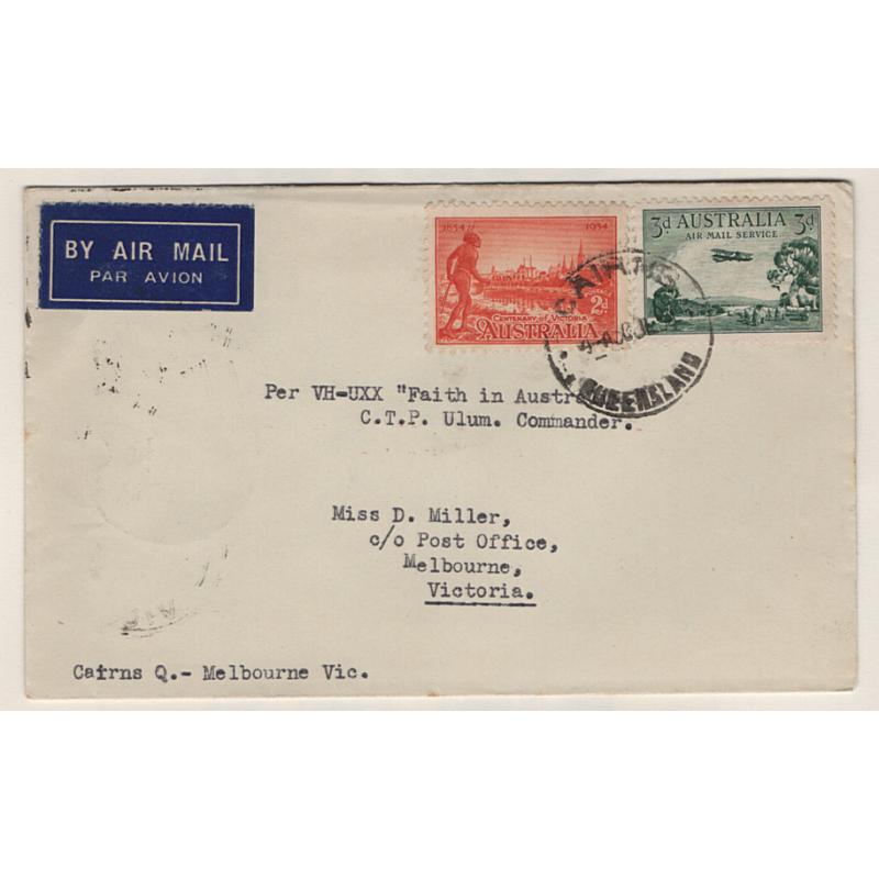 (KB15099) AUSTRALIA · 1934: small cover carried Cairns/Melbourne on the return flight by Ulm from New Guinea and Papua AAMC #395A in fine condition · c.v. AU$50+