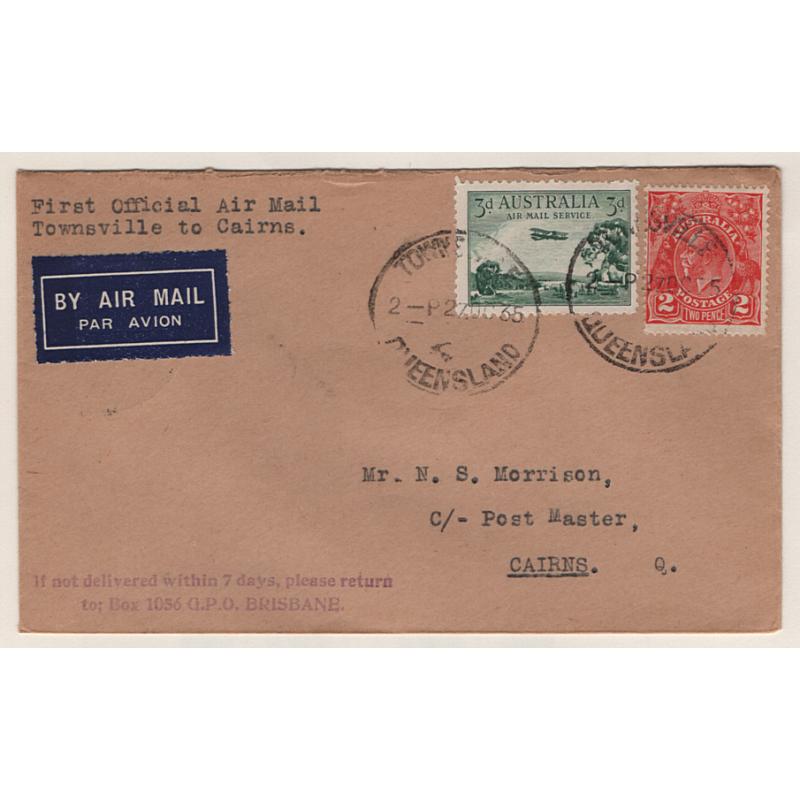 (KB15105) AUSTRALIA · 1935 (Oct 27th): neat cover carried on 1st Air Mail Flight by McDonald Air Services Ltd from Townsville to Cairns AAMC #549 in fine condition · arrival b/s · c.v. AU$50